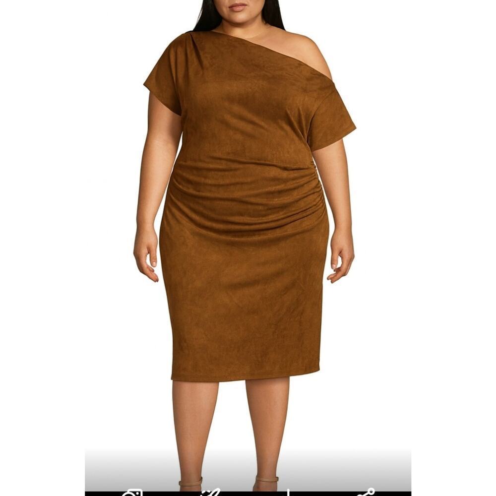 Gibson Latimer Faux Suede Asymmetric Off-the-Shoulder Suede Midi Dress Body XXL